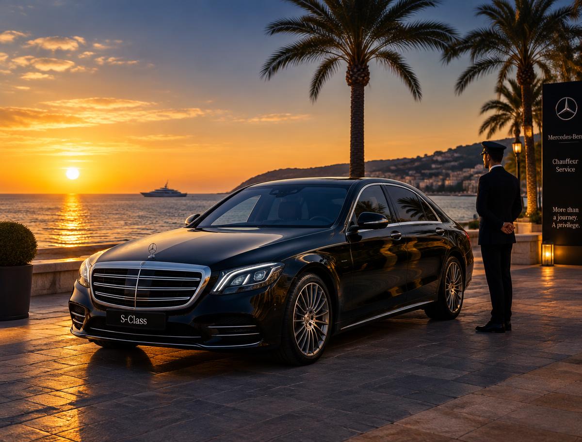 Mercedes Classe V noire 2024 de face, phares allumés, devant un hôtel sous la pluie